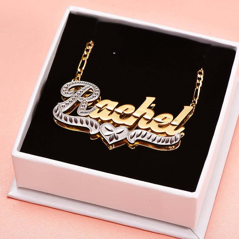 Double Layer Two Tone Heart Nameplate Personalized Custom Gold Plated Name Necklace-silviax
