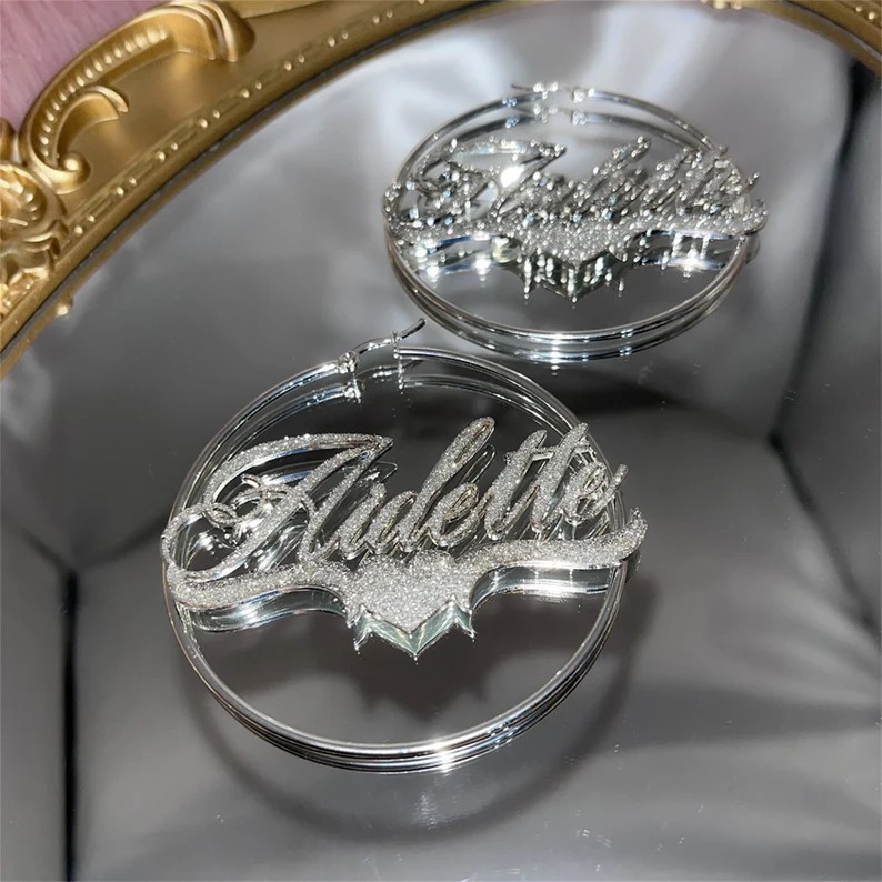 Bling Bling Hoop Earrings with Heart Personalized Gold Plated Name Earrings-silviax