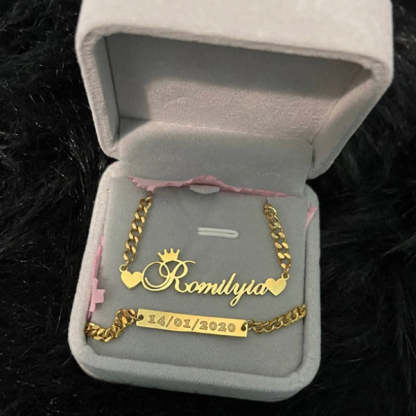Crown and Double Heart Personalized Name Necklace and Baby Bracelets Set-silviax