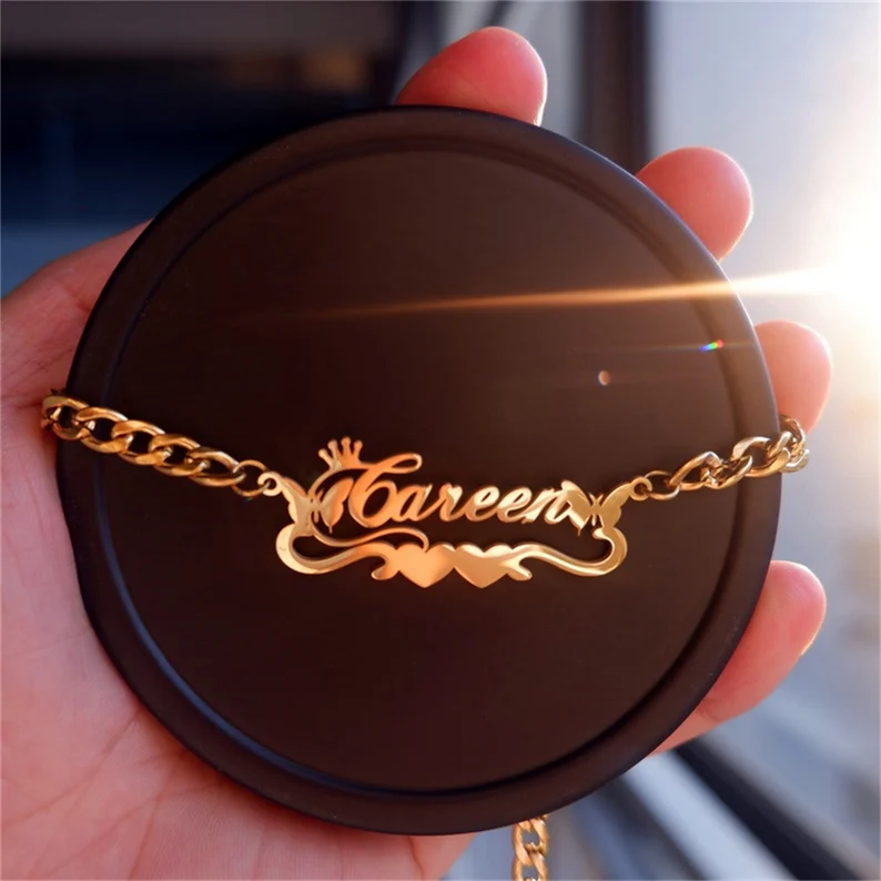 Gold Plated Two Butterfly Double Heart Nameplate with Crown Personalized Custom Name Necklace-silviax