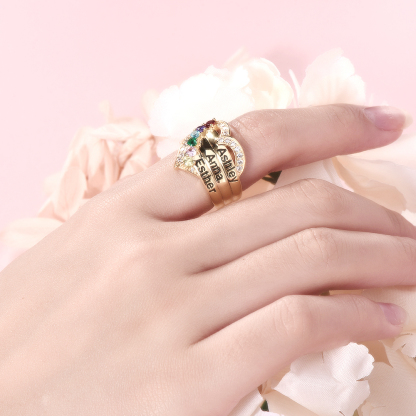 Love For Mom Personalized Custom Gold Plated Heart Name Ring with Birstone -silviax