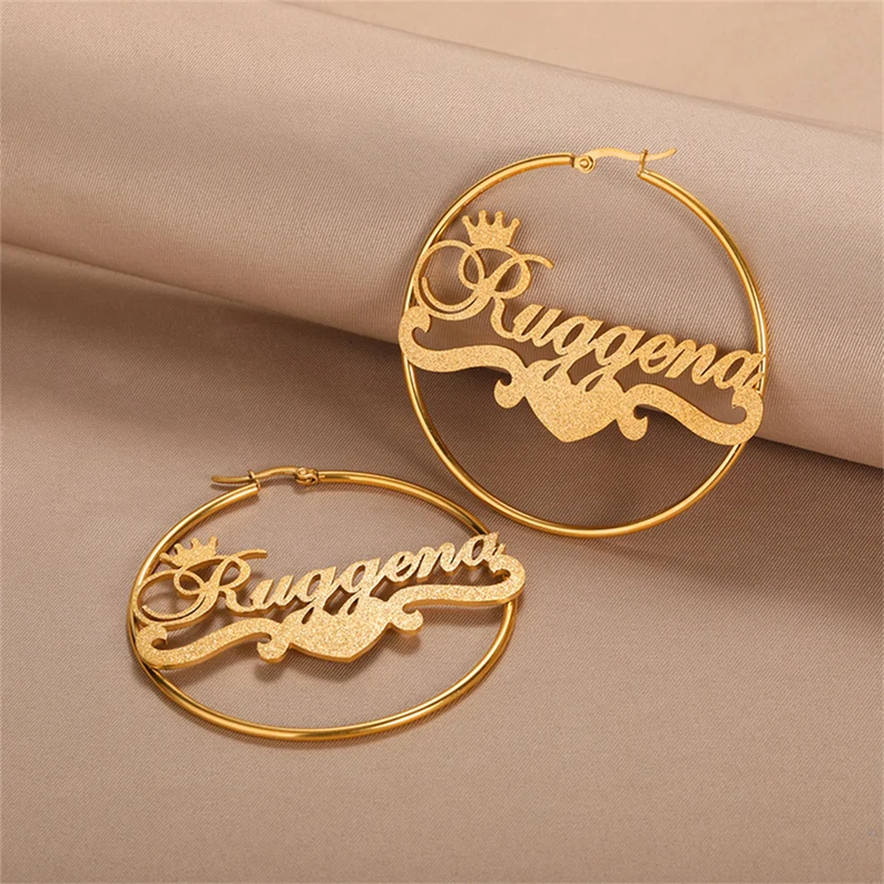 Bling Personalized Gold Plated Crown and Heart Name Hoop Earrings-silviax