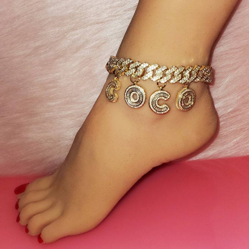 Personalized Cuban Link Iced Out Initial Letter Name Anklets-silviax