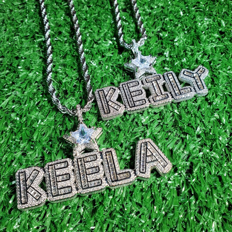 Iced Out Icy Star Bail Pendant Nameplate 3 To 8 Letters Custom Personalized Initial Necklace