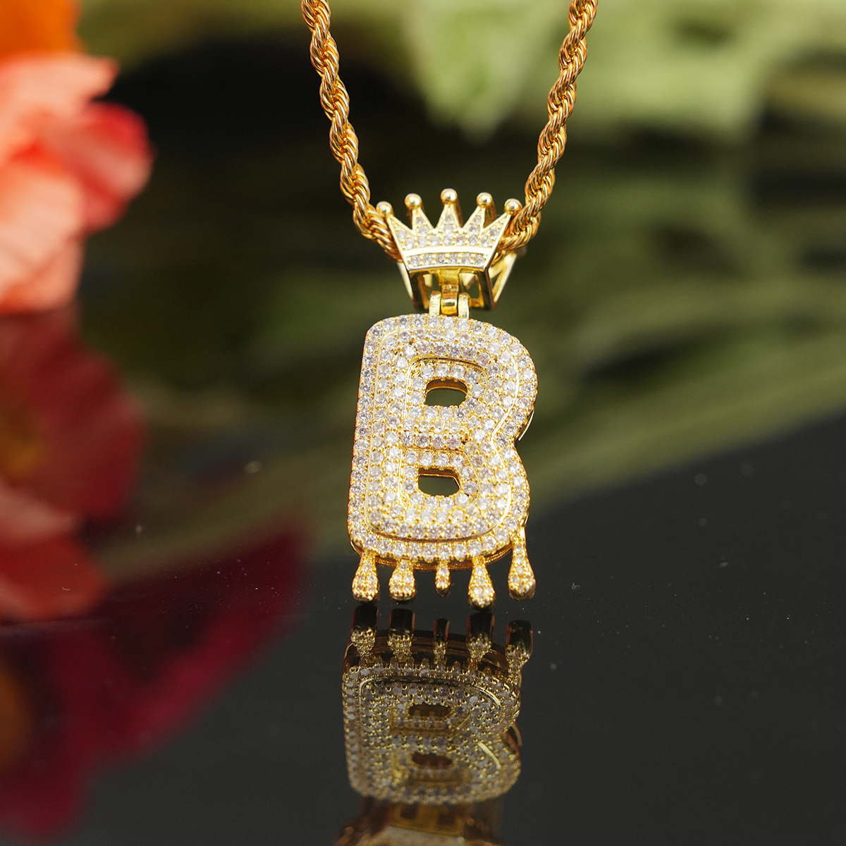 Gold Plated Crystal Dripping Crown Letter Initial Necklace-silviax