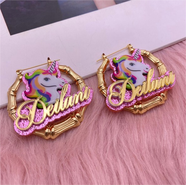Acrylic Unicorn Nameplate Personalized Gold Plated Bamboo Earrings-silviax