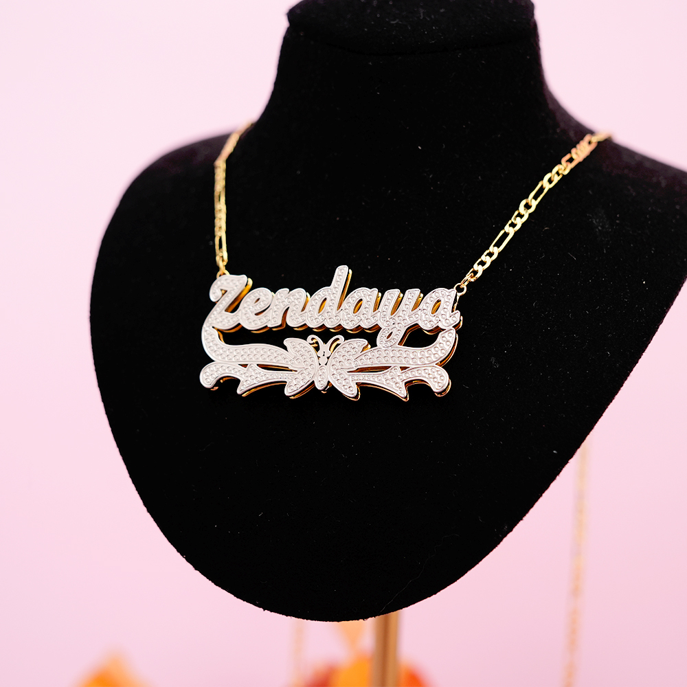 Double Layer Two Tone Butterfly Nameplate Gold Plated Personalized Custom Name Necklace-silviax