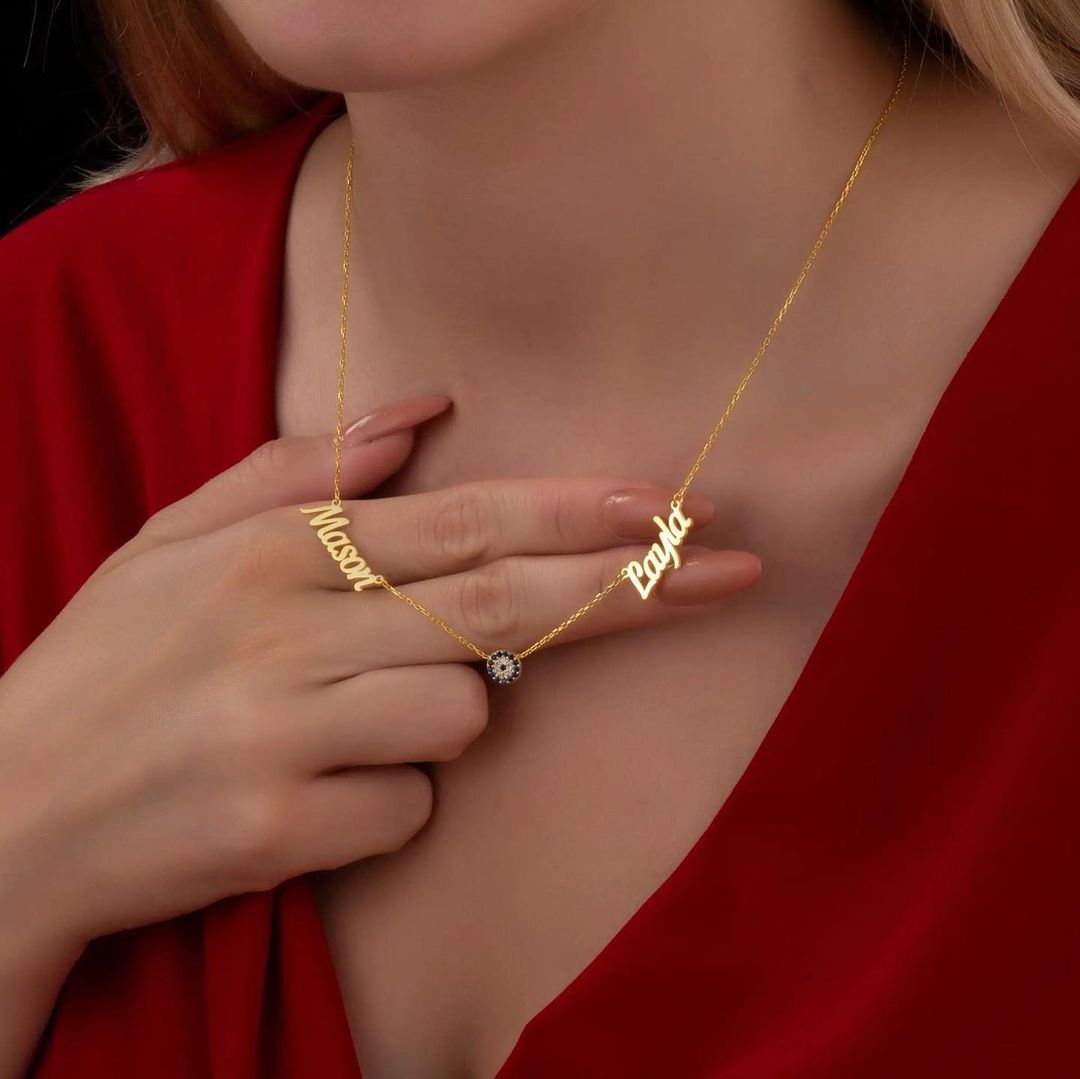 Personalized Gold Plated Blue Eye Pendant Two Name Necklace Women Gift-silviax