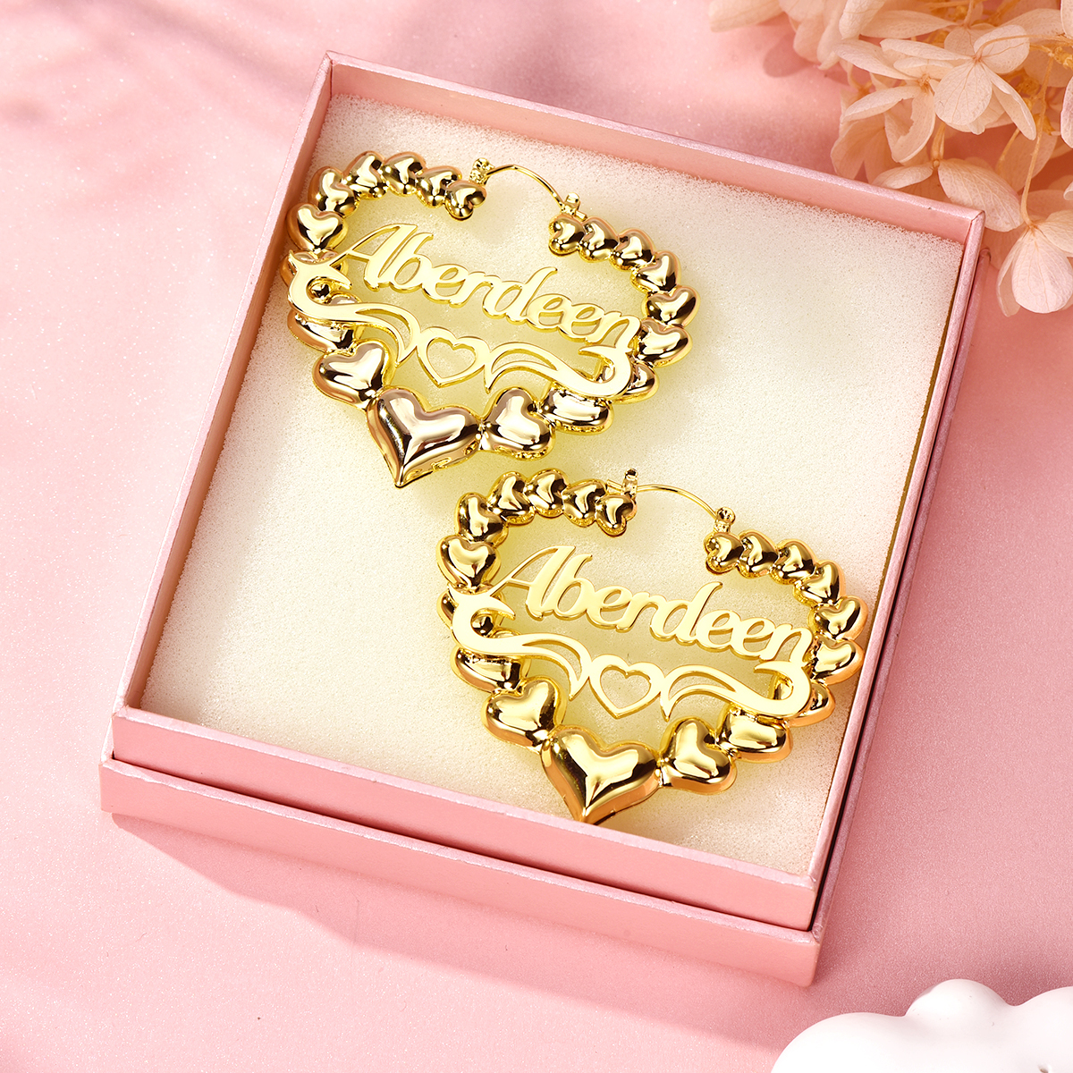 Personalized Custom Heart Shaped Underline Hollow Heart Bamboo Name Earrings-silviax