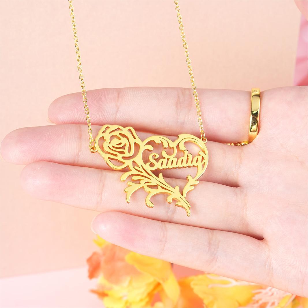 Rose Heart Pendant Personalized Custom Gold Plated Name Necklace-silviax