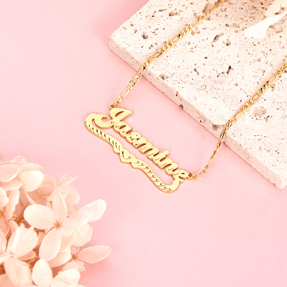 Personalized Diamond Cut Name Necklace with Heart And Nameplate Bamboo Earrings Set-silviax