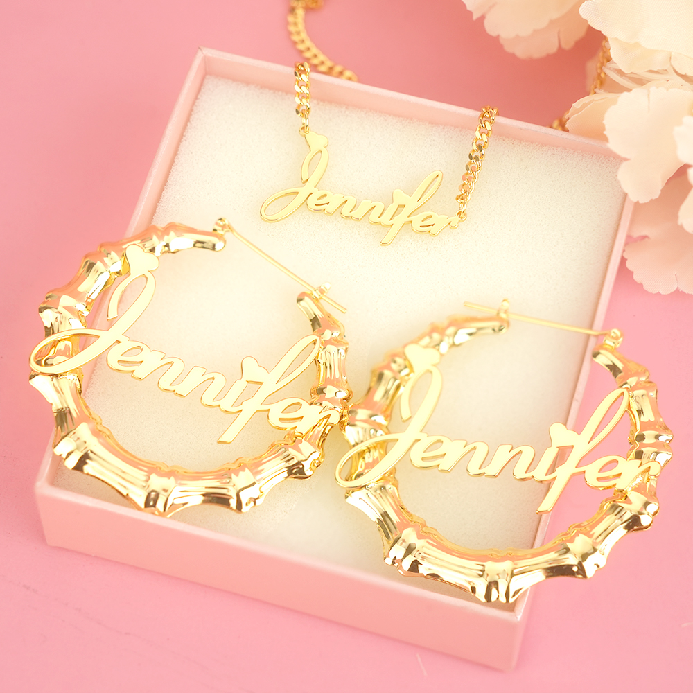 Personalized Nameplate with Heart Jewelry Set Name Necklace and Hoop Earrings