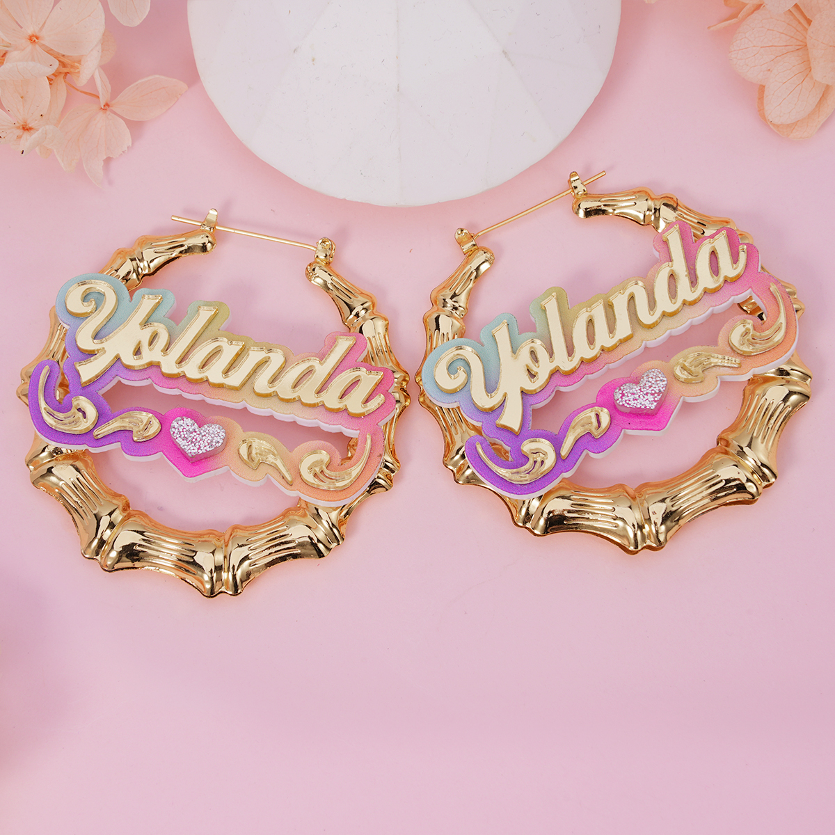 Personalized Colorful Acrylic Name with Heart Bamboo Hoop Earrings