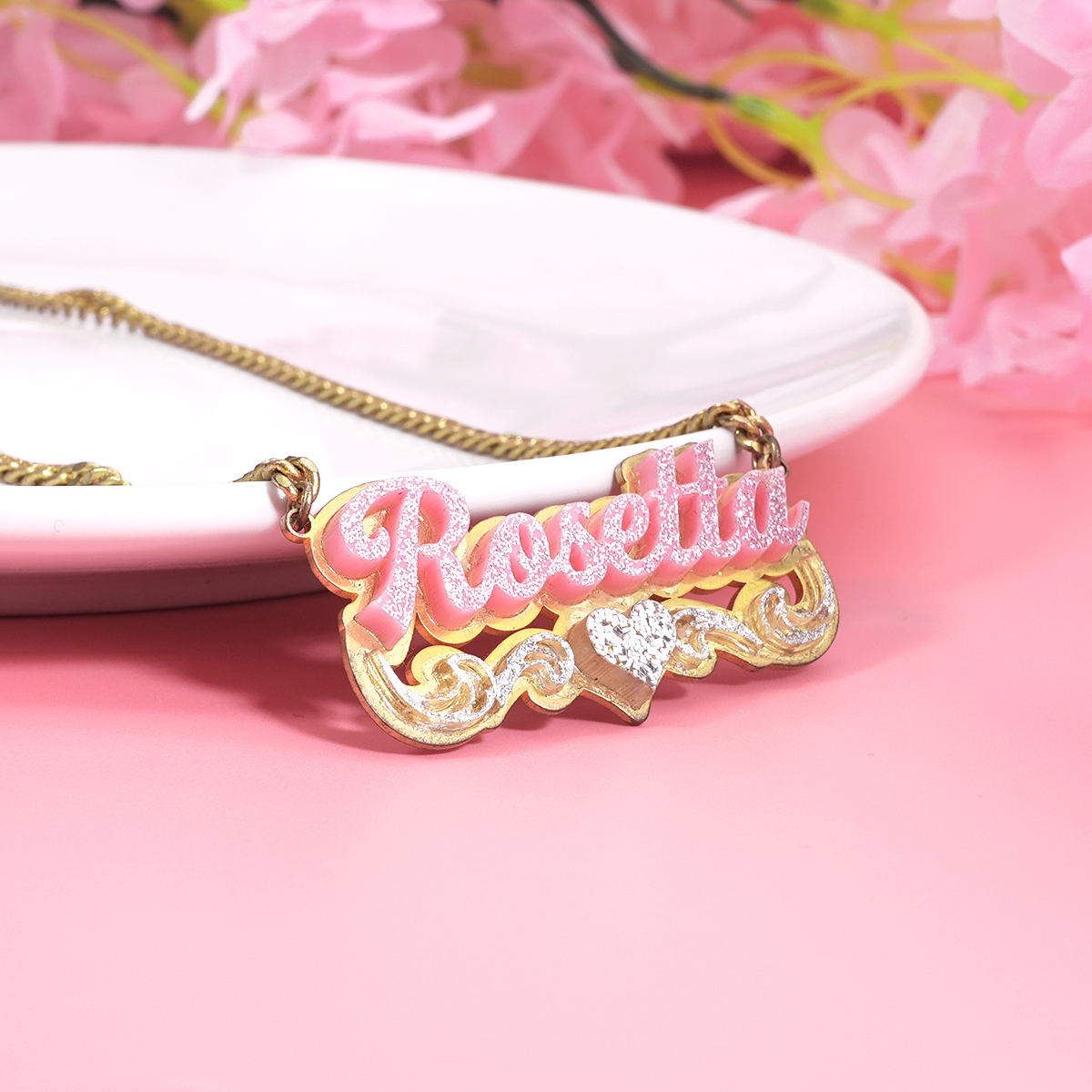 Double Plate Pink Acrylic Nameplate with Heart Personalized Custom Name Necklace