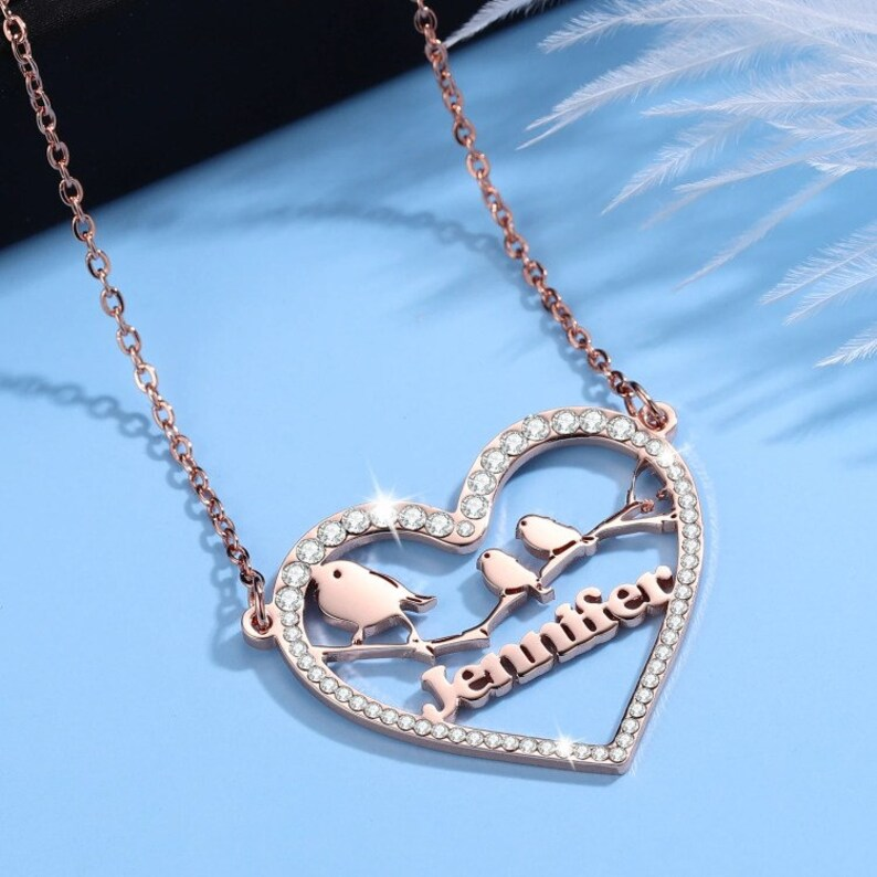 Love Birds Heart Nameplate Pendant Personalized Custom Gold Plated Name Necklace-silviax