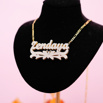 Double Layer Two Tone Butterfly Nameplate Gold Plated Personalized Custom Name Necklace-silviax
