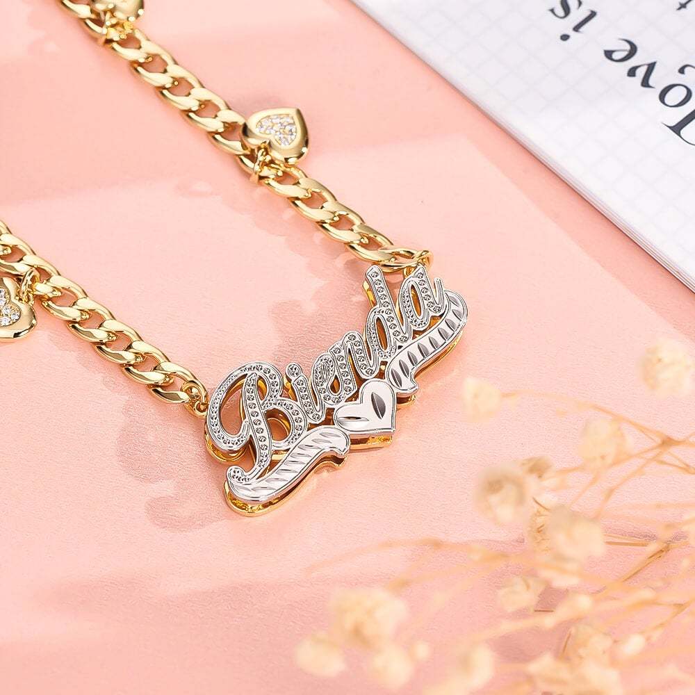 Double Layer Two Tone Heart Nameplate Cuban Chain With Heart Personalized Custom Name Necklace-silviax