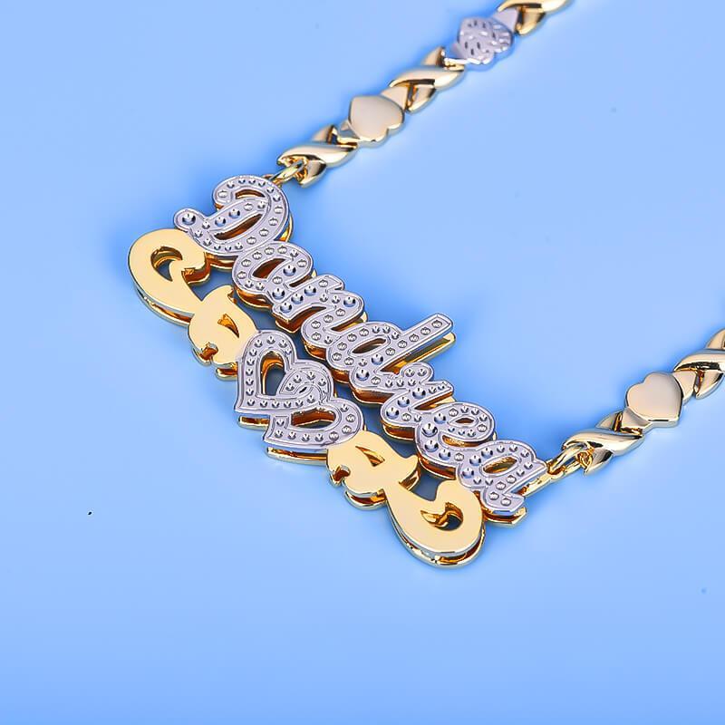 Double Layer Two Tone Hollow Heart with XOXO Heart Chain Personalized Custom Name Necklace-silviax