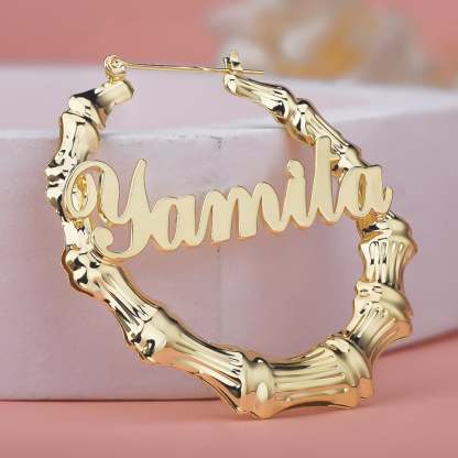 Gold Plated Personalized Custom Bamboo Hoop Name Earrings-silviax