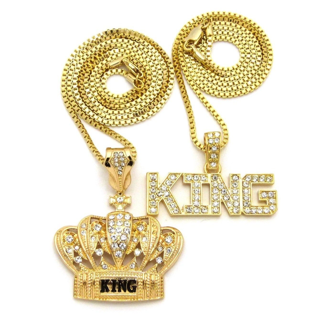 King and Crown Pendants Sets Hip Hop Icy Bling Stoned Gold Tone Plated Necklace-silviax