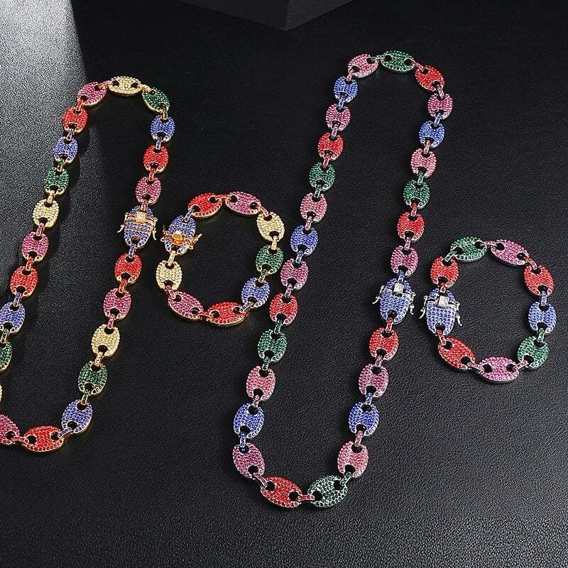 13mm Multi-Colors Pig Nose Link Chain Gold Plated Necklace and Bracelet Set-silviax