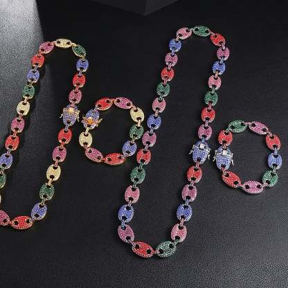 13mm Multi-Colors Pig Nose Link Chain Gold Plated Necklace and Bracelet Set-silviax
