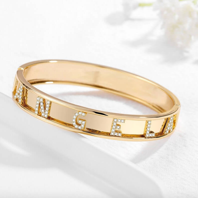 10mm Inlaid Zircon Letters Personalized Custom Gold Plated Name Bangle Bracelet-silviax
