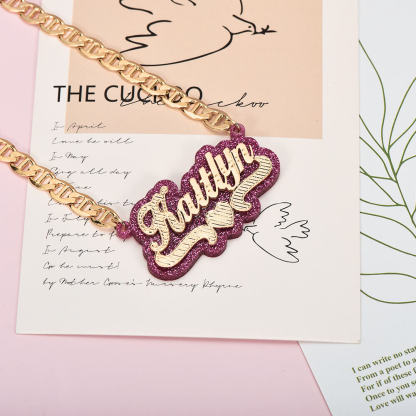 Pink Acrylic Double Layer Heart Personalized Custom Gold Plated Name Necklace-silviax