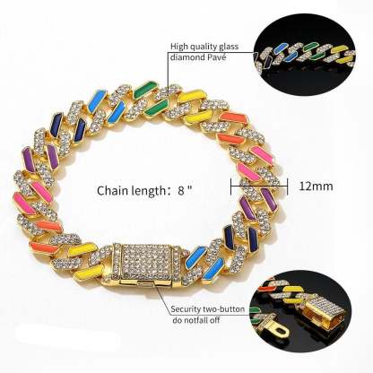 12mm Colorful Cuban Link Chain Gold Plated Necklace and Bracelet Set-silviax