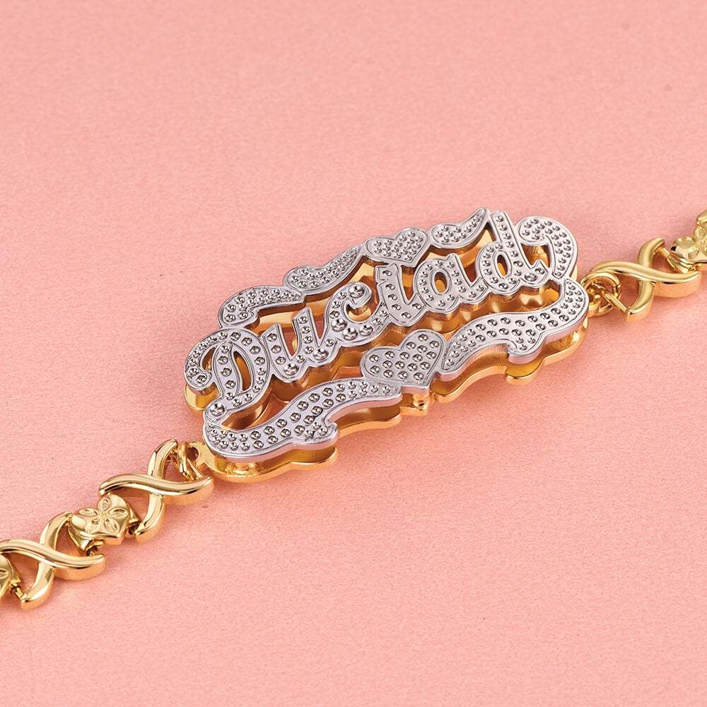 Double Layer Two Tone Heart with XOXO Heart Chain Personalized Custom Gold Plated Name Bracelet-silviax