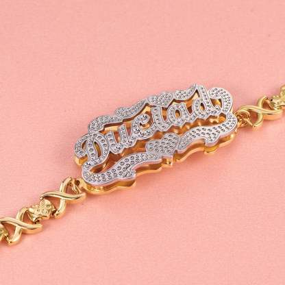Double Layer Two Tone Heart with XOXO Heart Chain Personalized Custom Gold Plated Name Bracelet-silviax