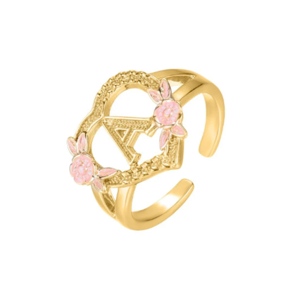 Heart Shaped Pink Enamel Flower Gold Plated Personalized Custom A-Z Initial Letter Ring-silviax