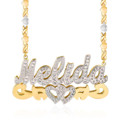 Double Layer Two Tone Hollow Heart with XOXO Heart Chain Personalized Custom Name Necklace-silviax