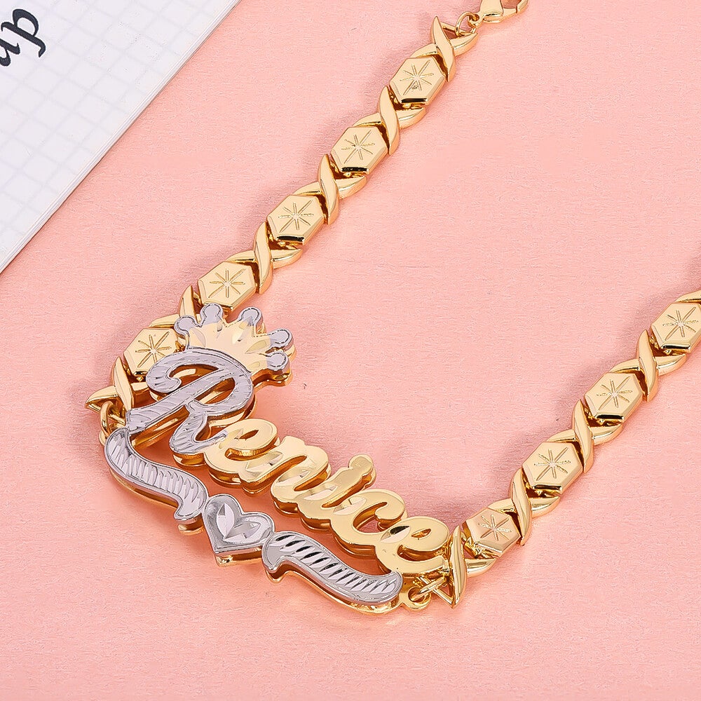 Double Layer Two Tone Crown Nameplate with XOXO Chain Personalized Custom Gold Plated Name Bracelet-silviax