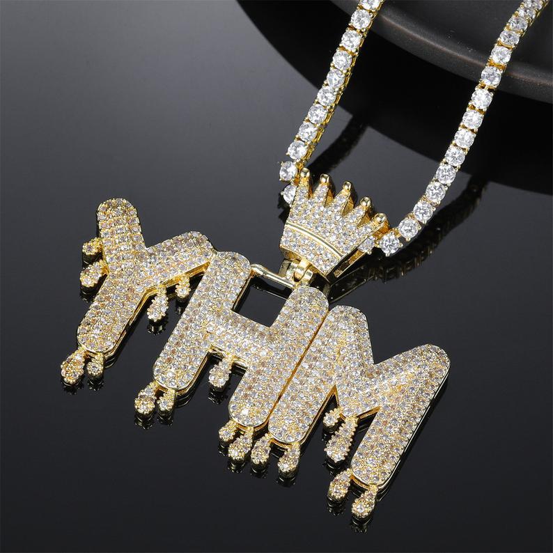 Tennis Chain Crown 2 to 6 Drip Letters Pendant Custom Gold Plated Initial Necklace-silviax
