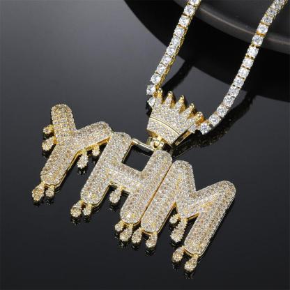 Tennis Chain Crown 2 to 6 Drip Letters Pendant Custom Gold Plated Initial Necklace-silviax