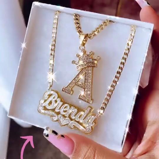 Double Plate Two Tone with Heart Name Necklace and Initial Necklace with Crown Personalized Custom Gold Plated Set-silviax