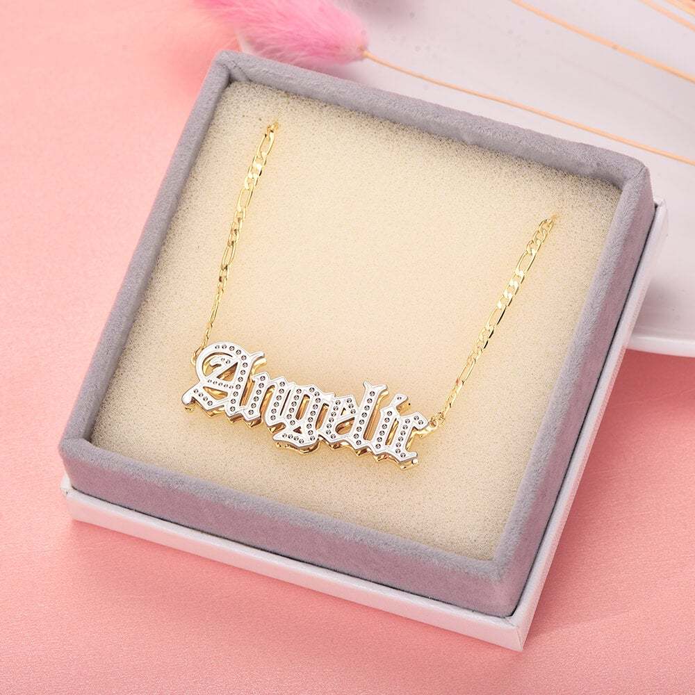 Double Layer Two Tone Old English Font Nameplate Personalized Custom Gold Plated Name Necklace-silviax