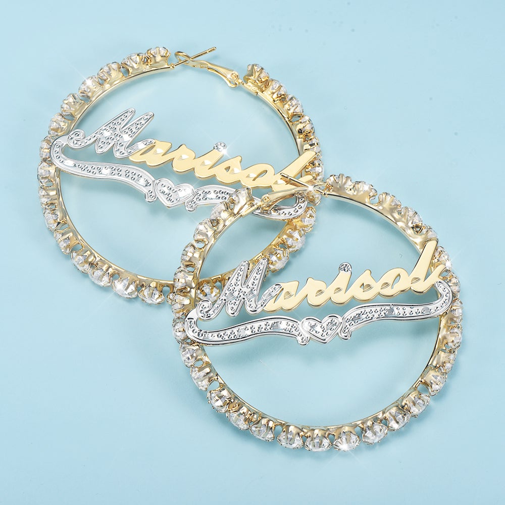Two Tone Gold Plated Personalized Hoop Name Earrings-silviax