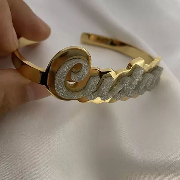 Acrylic Nameplate Personalized Custom Gold Plated Bangle Bracelet-silviax