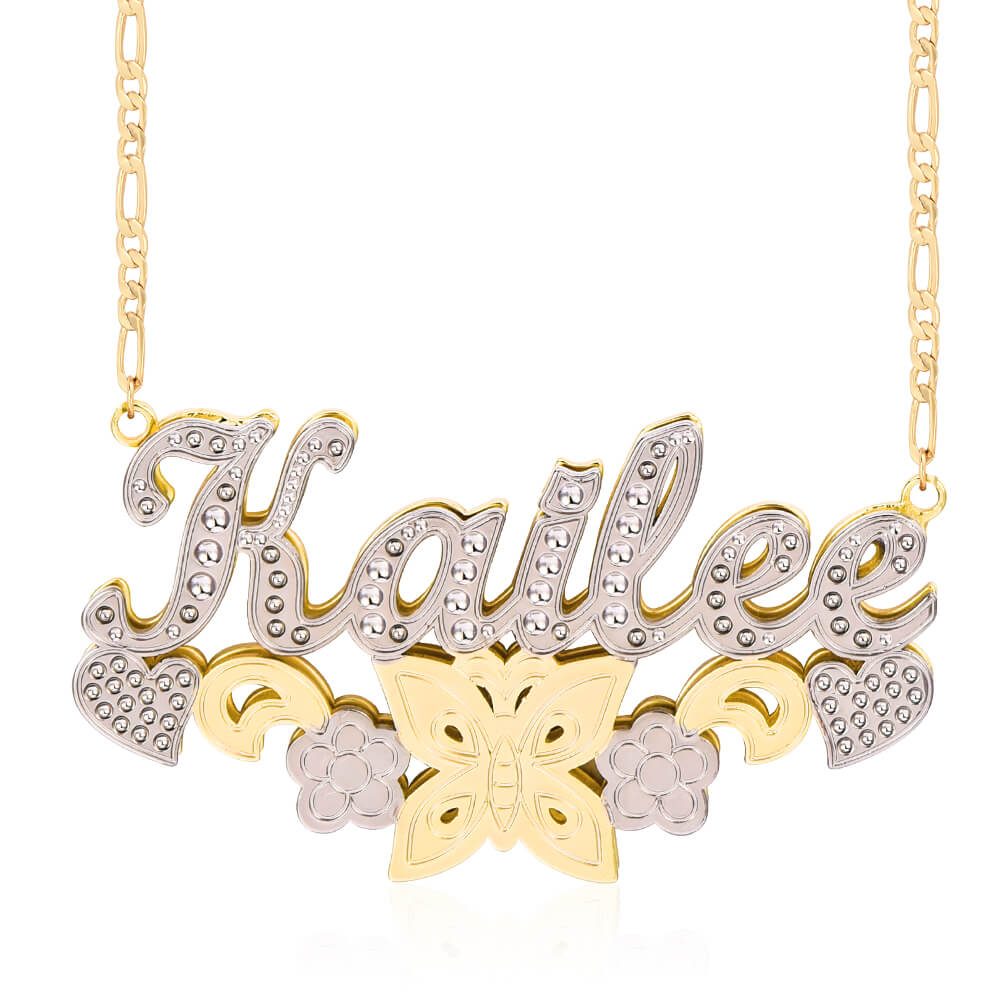 Double Layer Two Tone With Butterfly Flower And Heart Personalized Custom Name Necklace-silviax