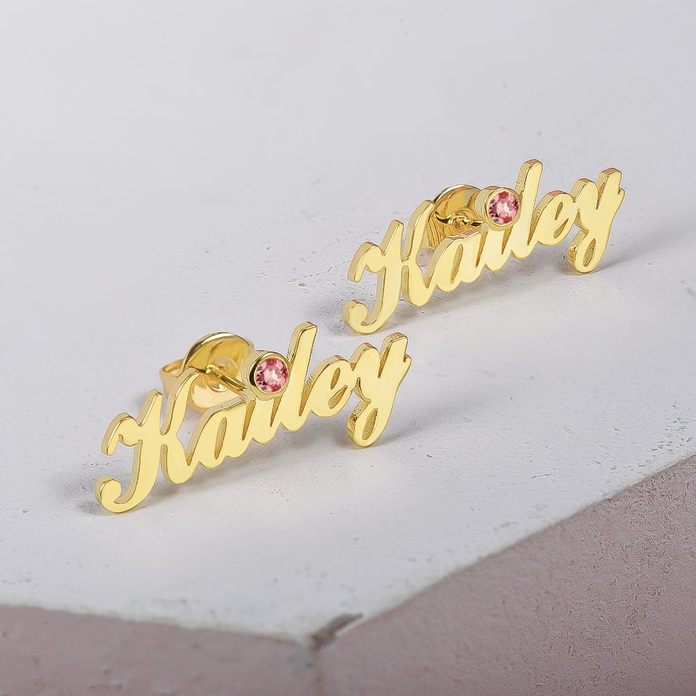 Gold Plated Personalized Name Earring With Birthstone Women Gift-silviax