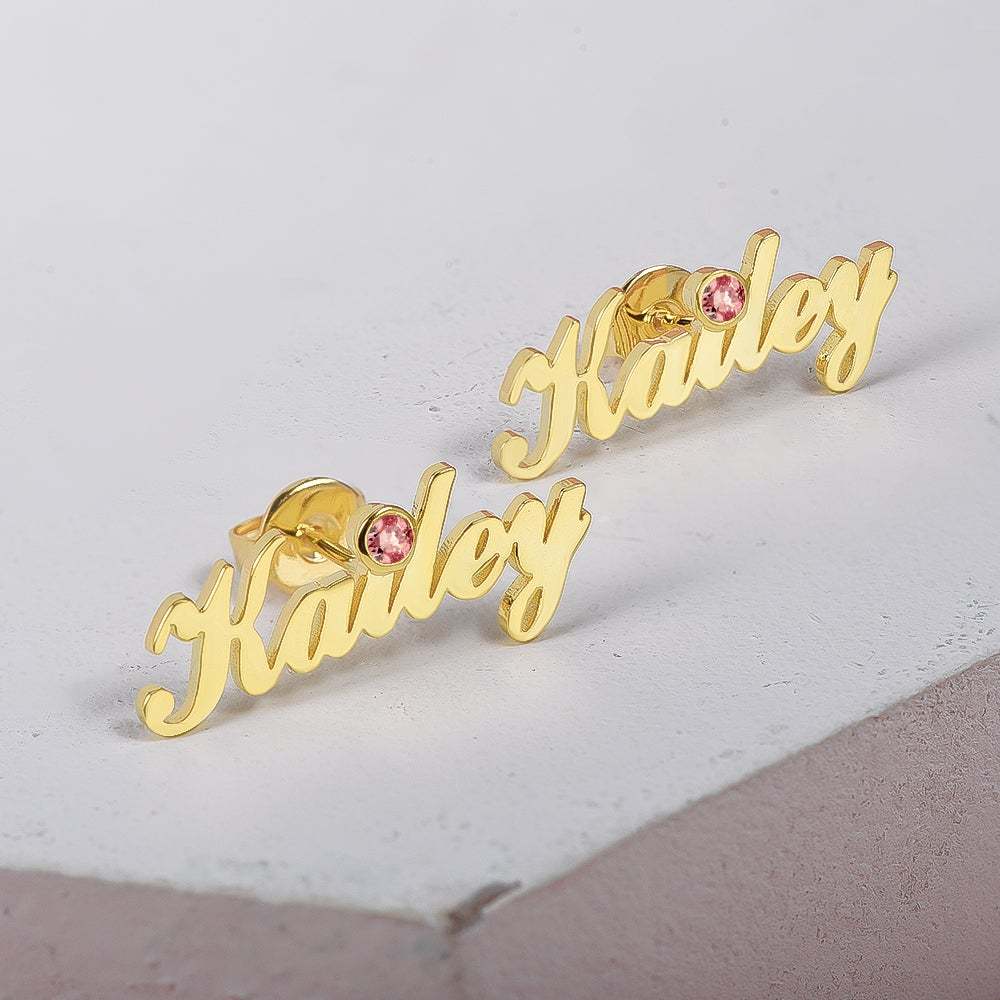 Gold Plated Personalized Name Earring With Birthstone Women Gift-silviax