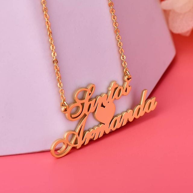 Heart Necklace In Middle With Two Names Gold Plated-silviax
