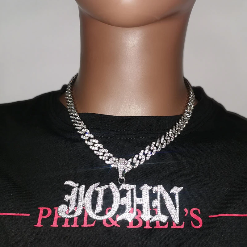 Hip Hop Style Iced Out Cuban Chain 2-6 Letters Old English Custom Initial Necklace-silviax