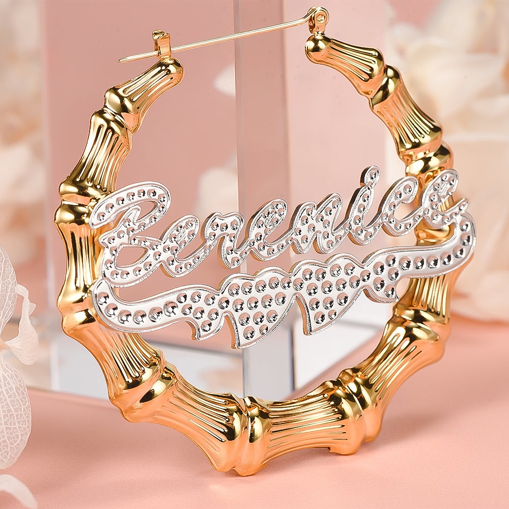 Two Tone Double Heart Hoop Bamboo Personalized Custom Name Earrings Gold Plated-silviax