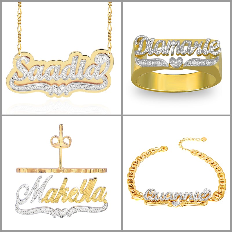 Two-tone Heart Personalized Custom Name Bracelet Ring Earrings and Double Plate Necklace Set-silviax