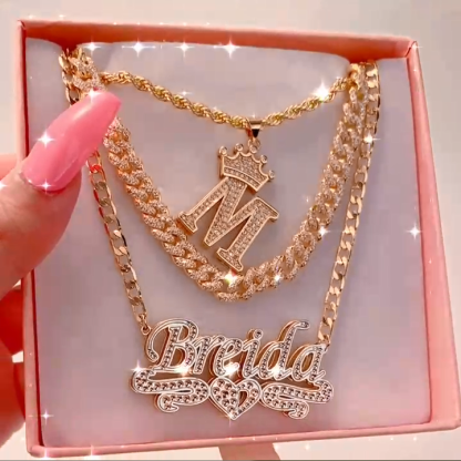 Crown Initial Necklace And Double Layer Two Tone With Heart Personalized Jewelry Set-silviax