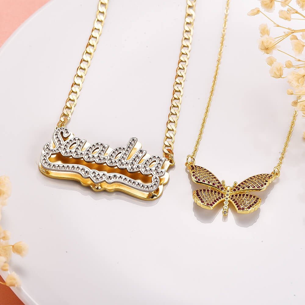 Color Butterfly Pendant Necklace And Double Plate Two Tone with Heart Personalized Custom Name Necklace Gold Plated Set-silviax