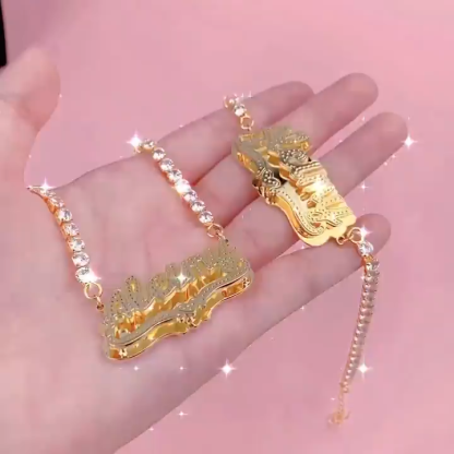 Double Plate with Tennis Chain nameplate Personalized Custom Gold Plated Name Necklace and Bracelet Set